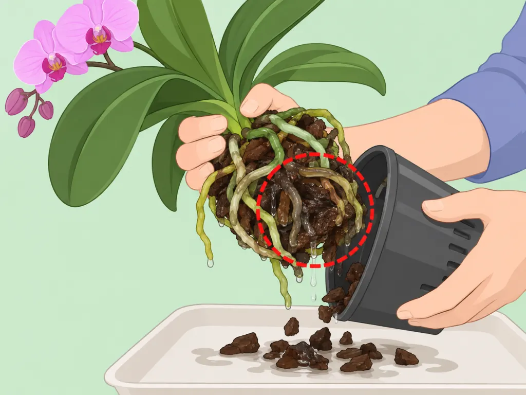 Person removing an orchid from its pot to inspect wet roots.
