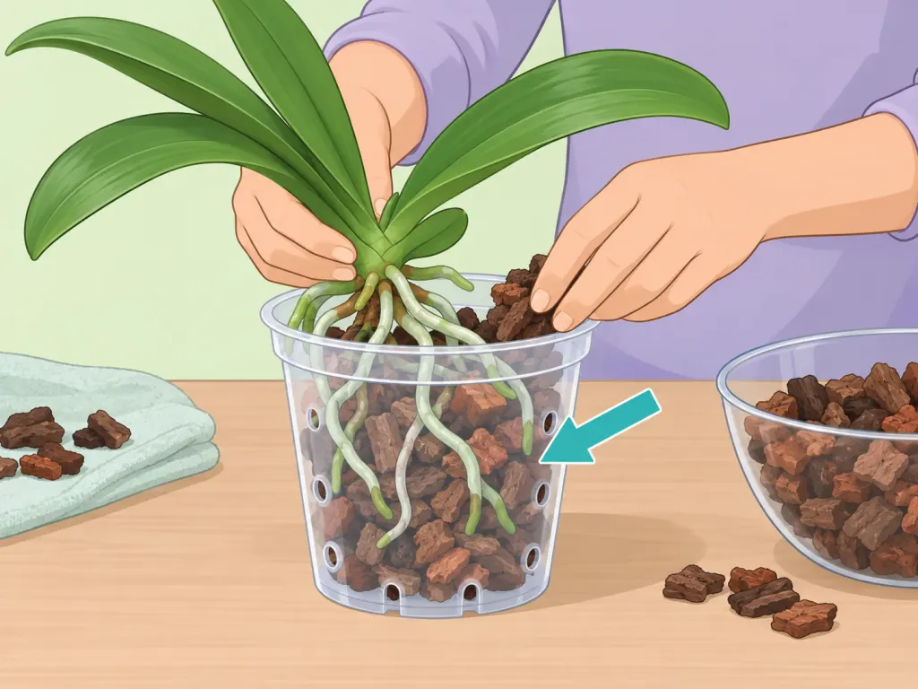 Orchid being repotted in fresh bark and a draining container.
