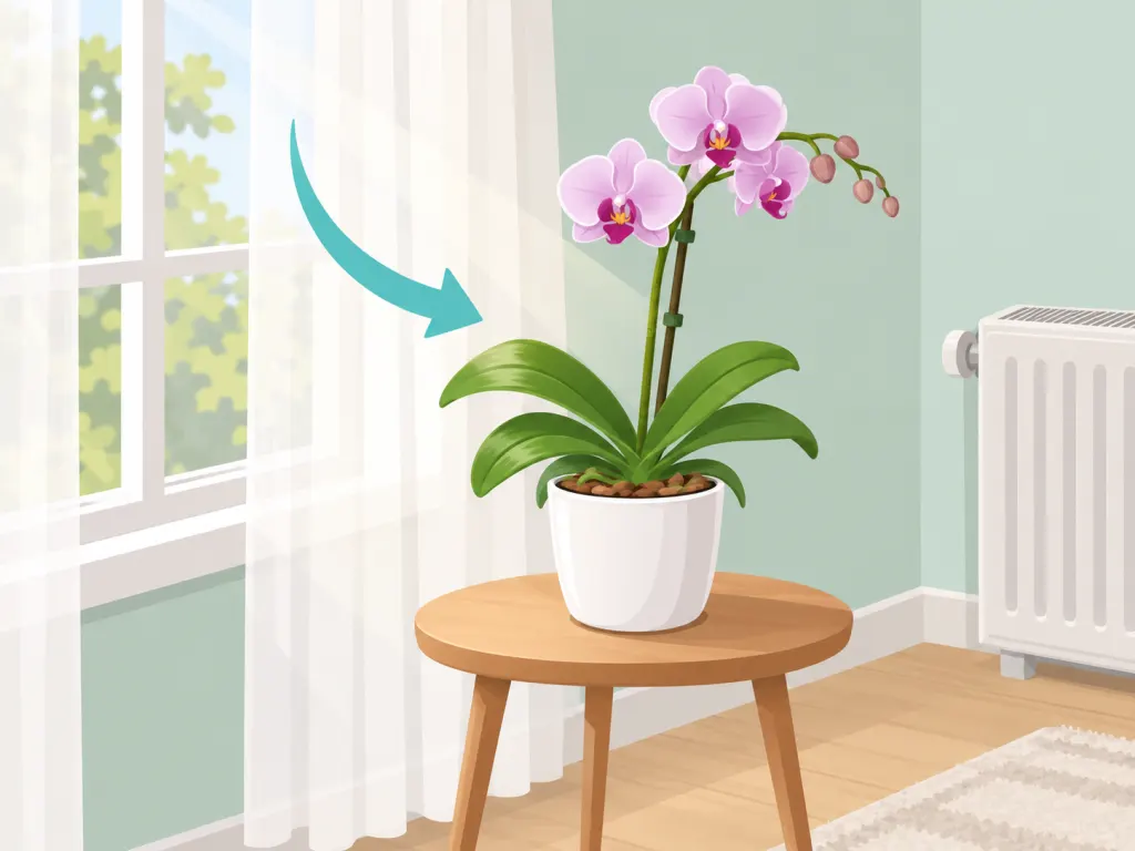 Orchid set in bright indirect light away from heat.