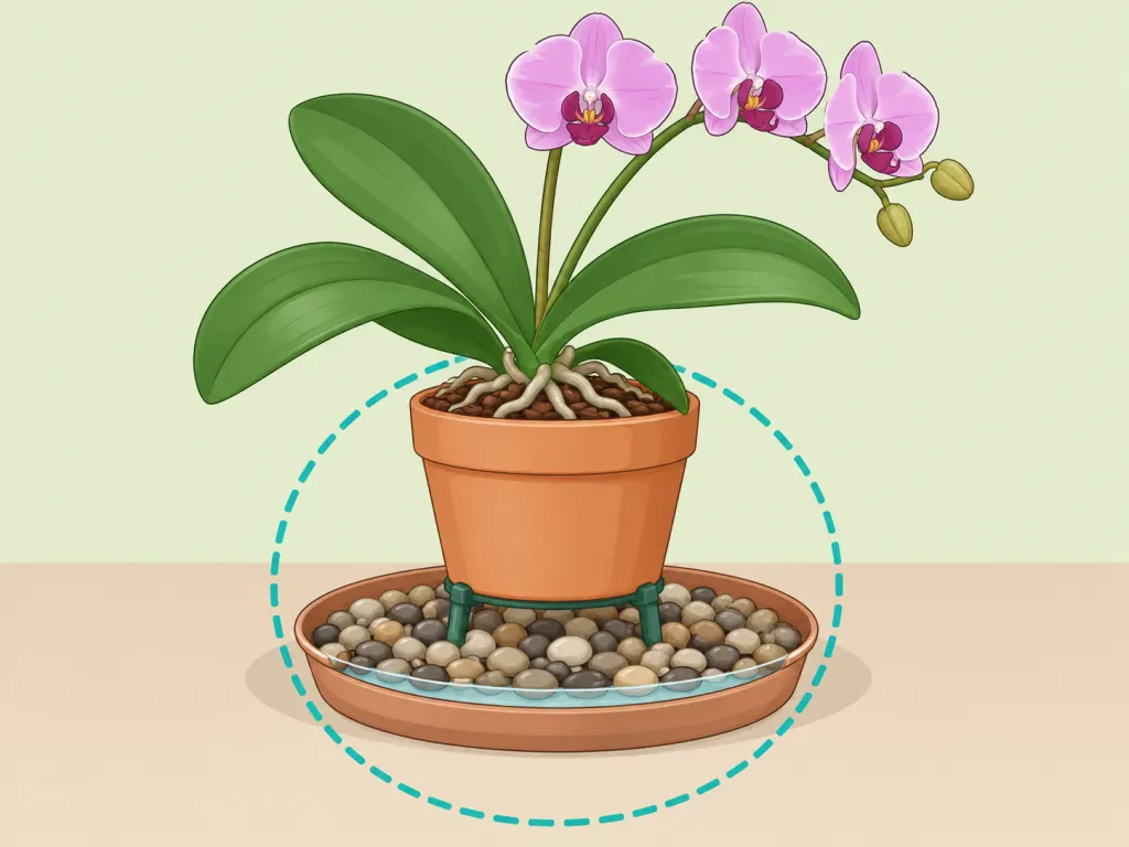 Orchid placed above a damp pebble tray for humidity.