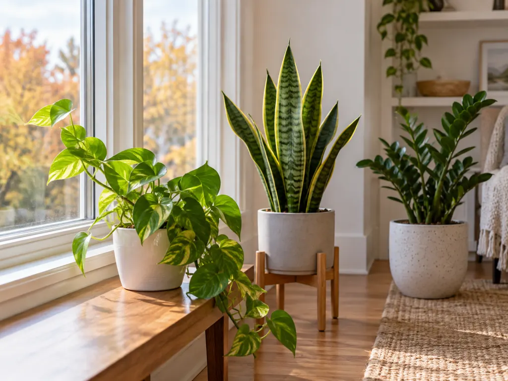 Houseplants placed at different distances from a bright window for light adjustment.