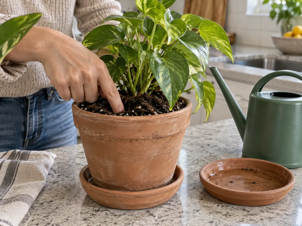 A hand checking houseplant soil moisture beside a watering can and saucer.