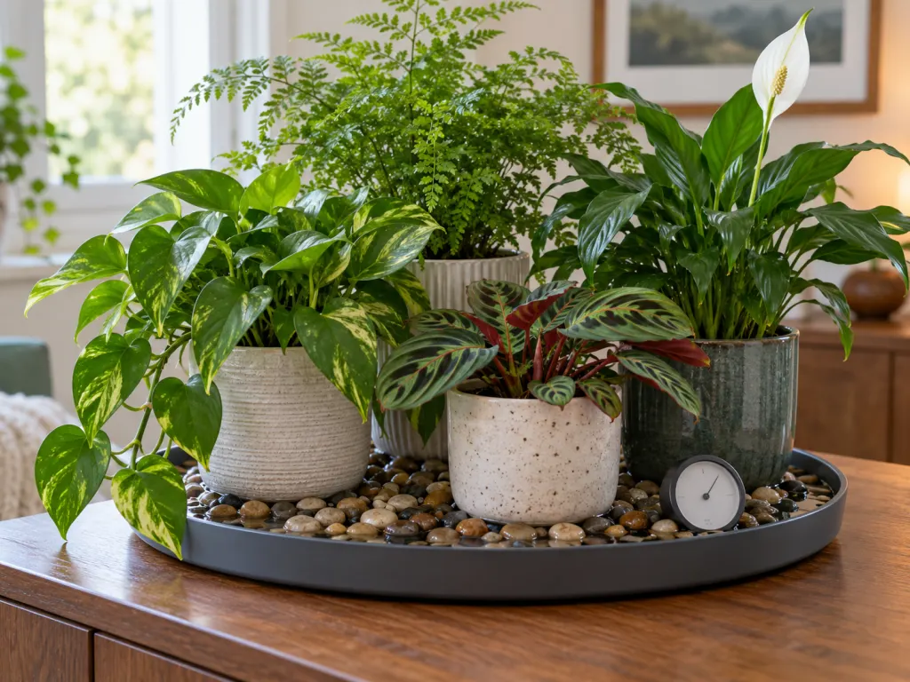 Grouped houseplants on a pebble tray arranged for better humidity.