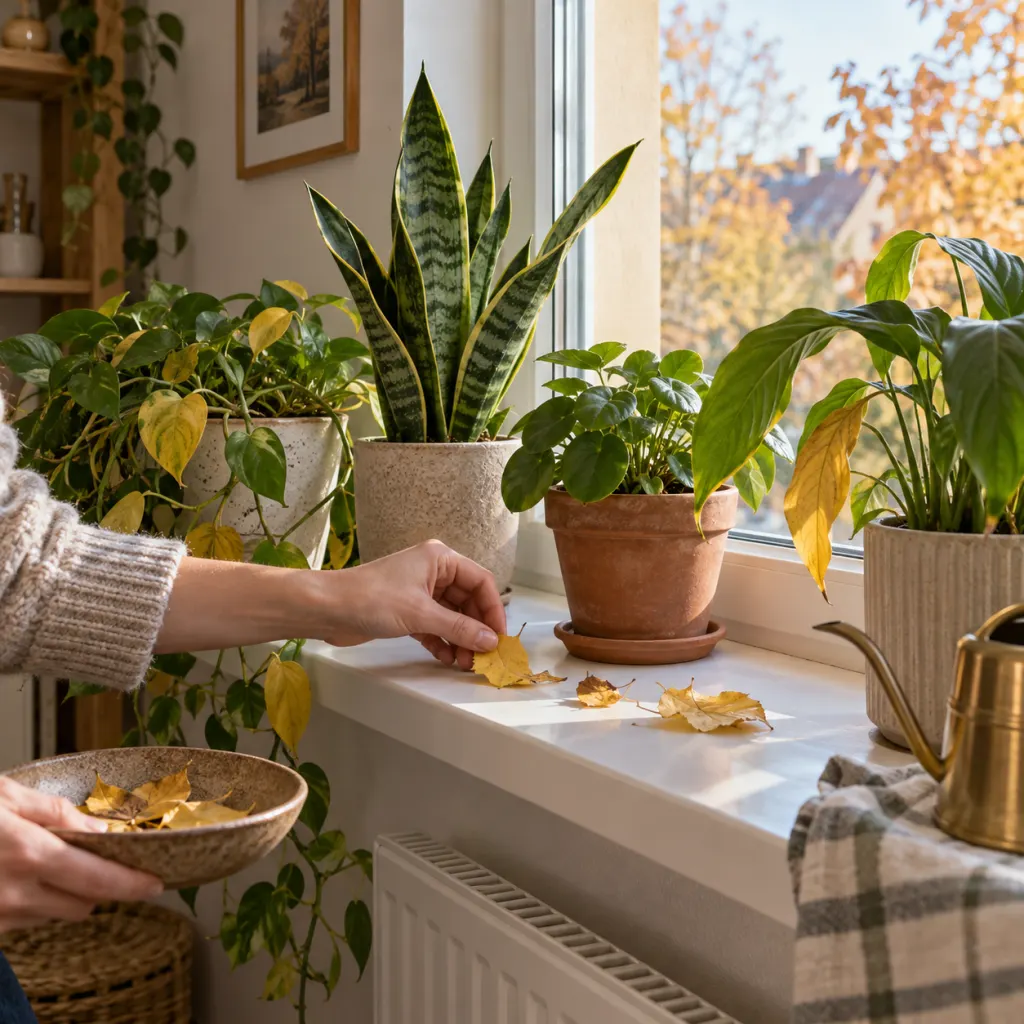 Houseplants on an autumn windowsill with a hand removing yellow leaves.