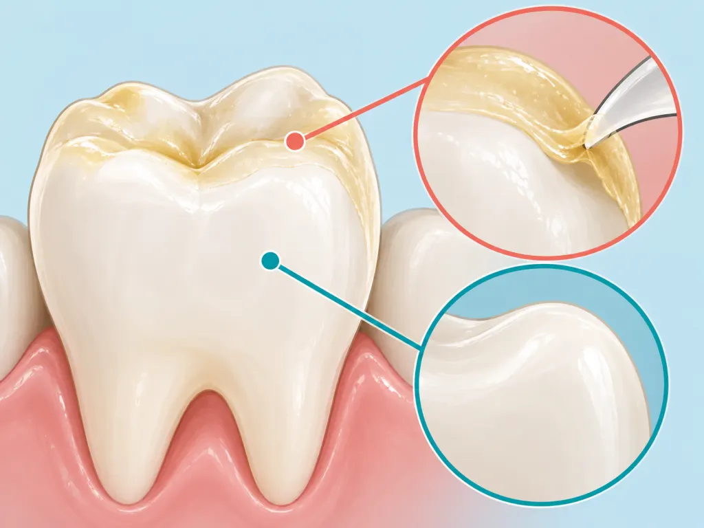 An educational illustration of a smooth tooth surface with a thin surface film.