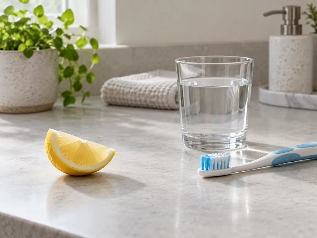 A lemon wedge placed apart from a toothbrush and a glass of water on a counter.
