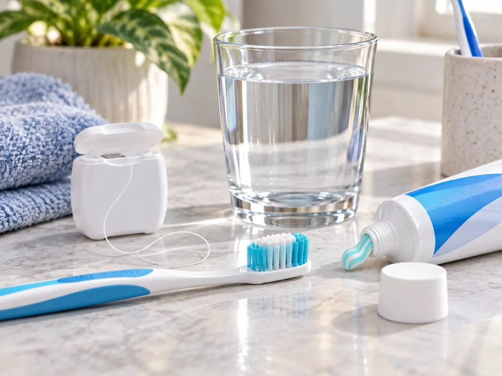 A soft toothbrush, floss, water glass, and toothpaste arranged for a daily oral-care routine.