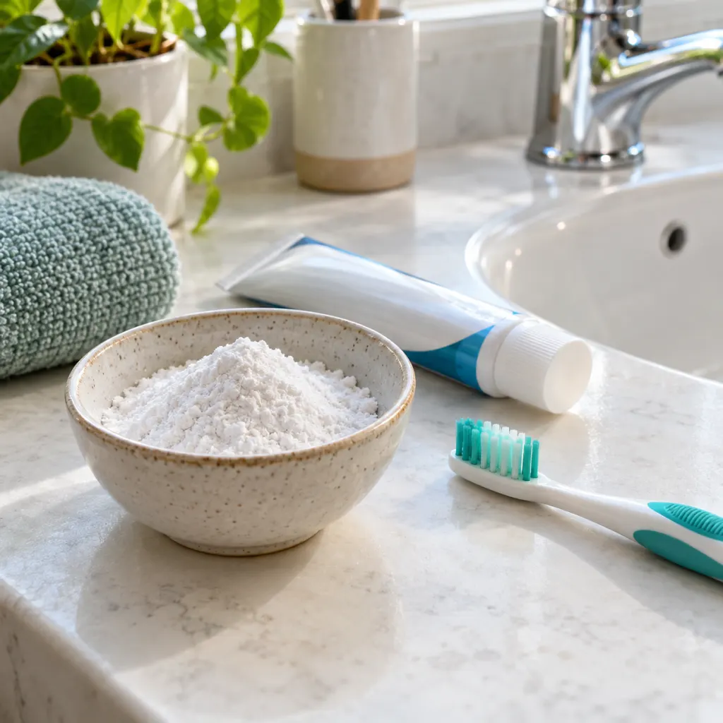A bowl of rice flour beside a toothbrush and toothpaste on a clean bathroom counter.