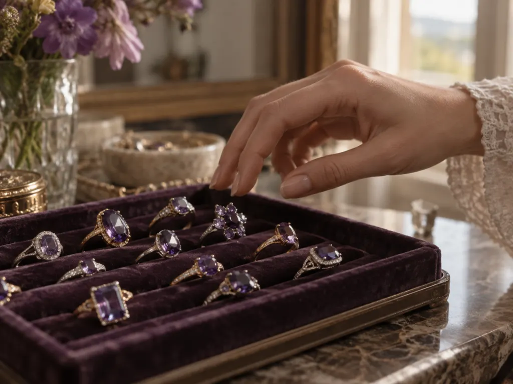 A hand hovering above a tray of purple gemstone rings while choosing one