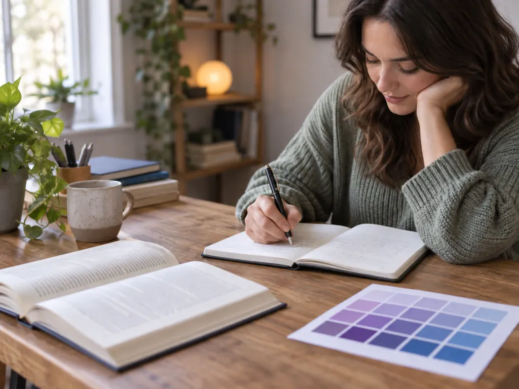 A person journaling at a desk beside a color swatch chart, reflecting thoughtfully