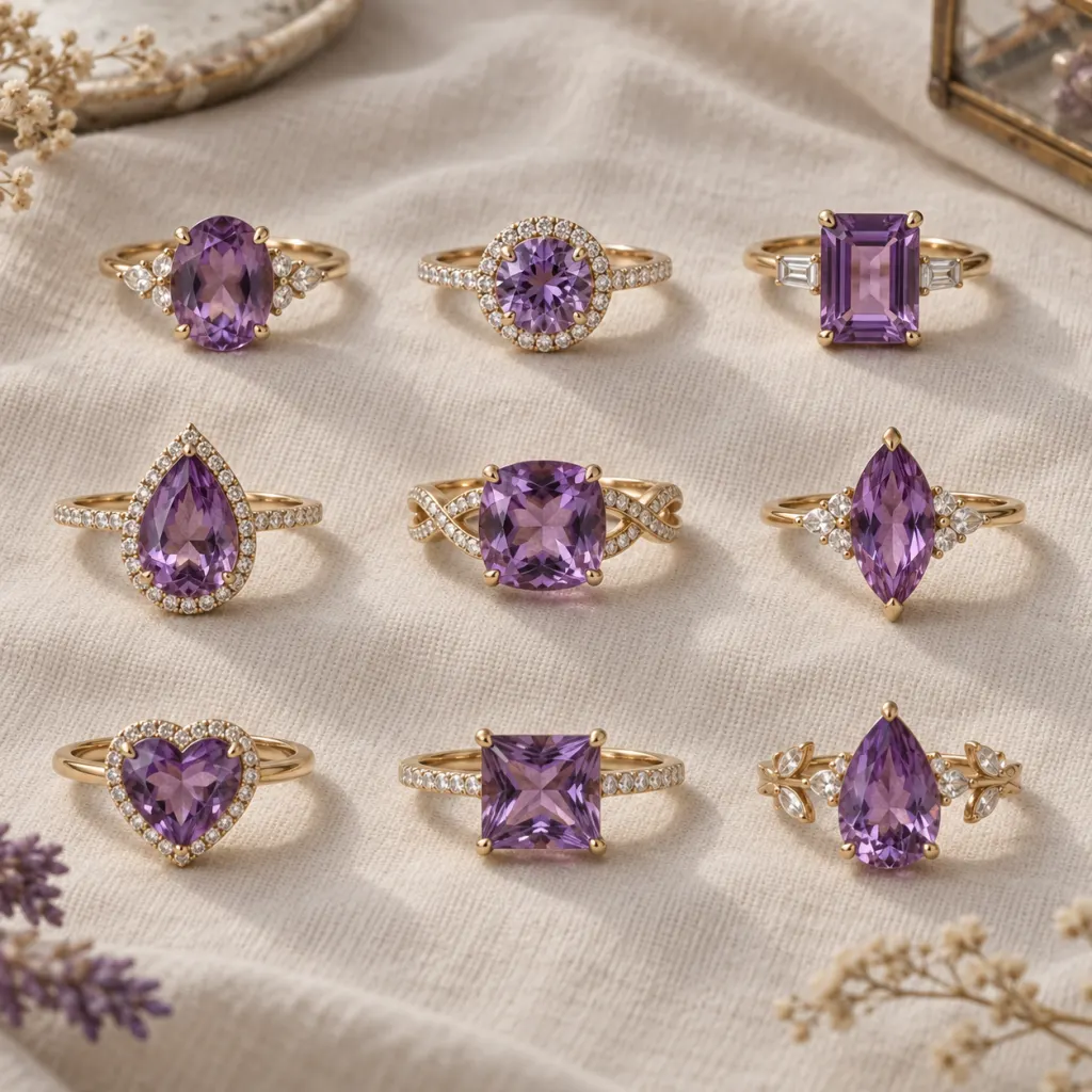 Flat lay of nine purple gemstone rings arranged in a grid on a neutral fabric background