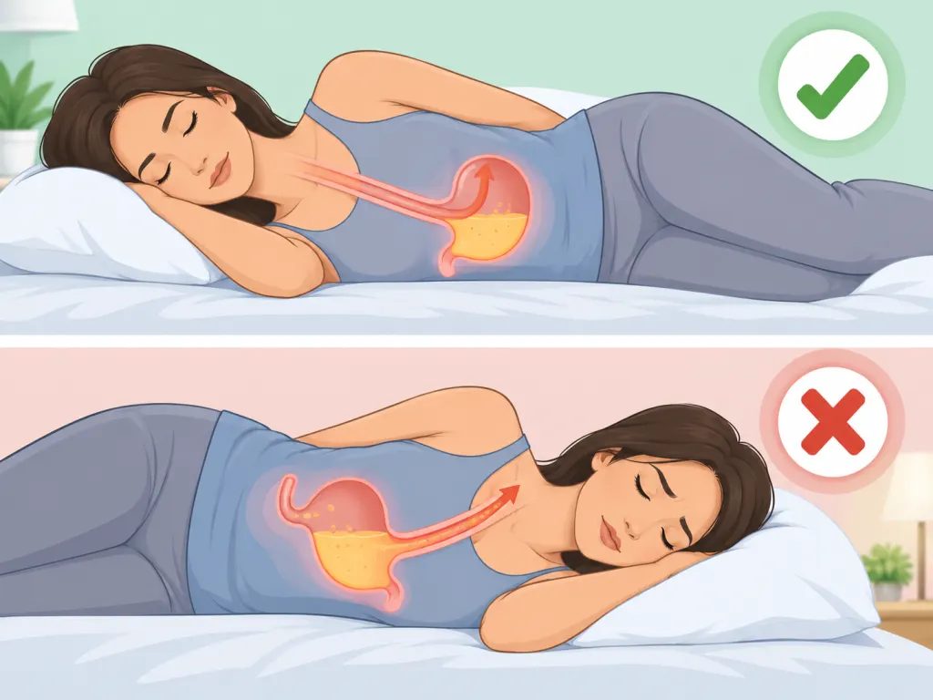 An educational illustration comparing side sleeping positions and reflux anatomy.