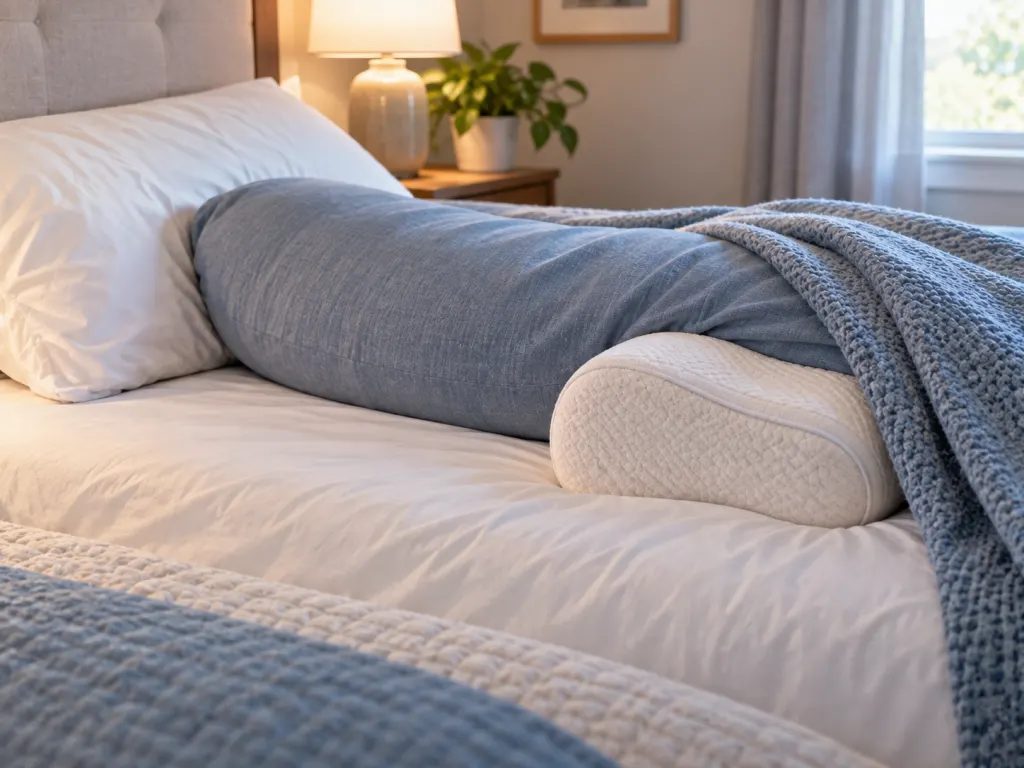 Pillows arranged to support the neck, shoulders, hips, and knees for side sleeping.