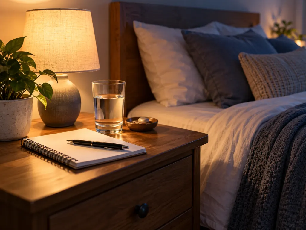 A bedside notebook and pen set up for tracking sleep position and morning comfort.
