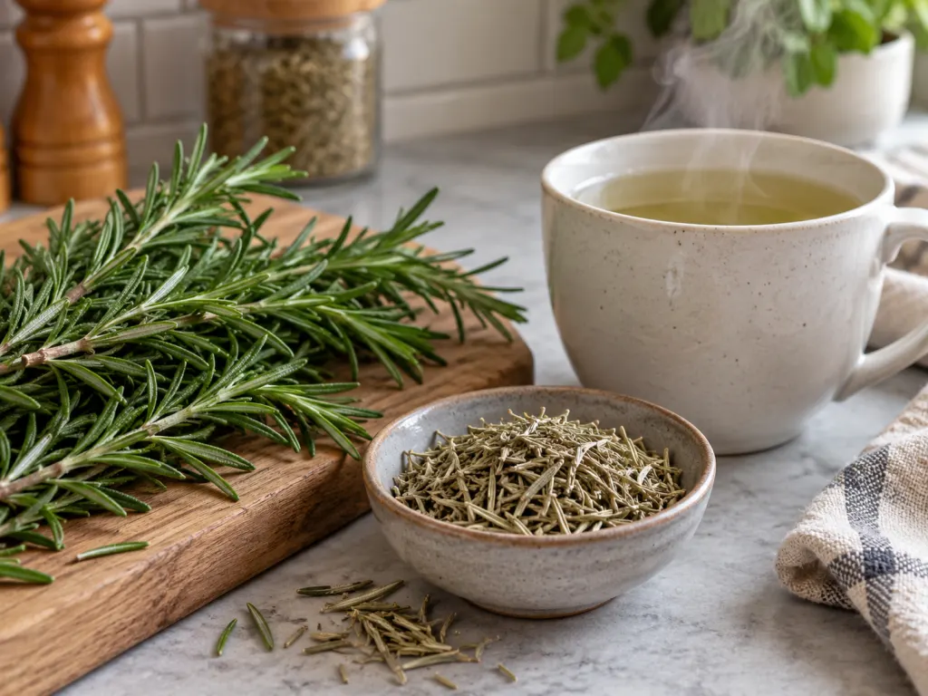 Fresh and dried rosemary beside a cup prepared for herbal tea