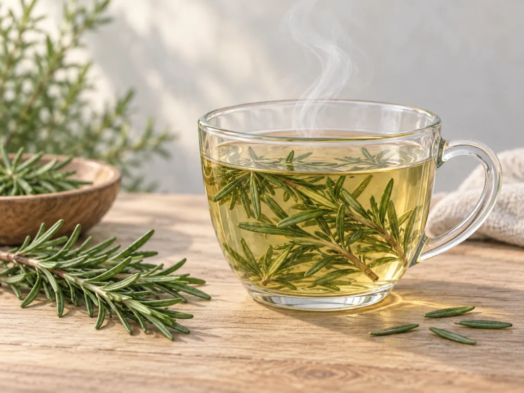 An illustration of rosemary leaves steeping in hot water