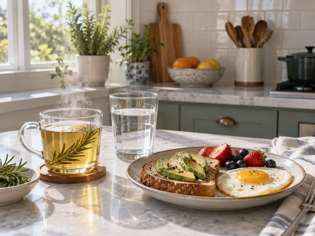 A balanced morning setup with rosemary tea, water, and breakfast