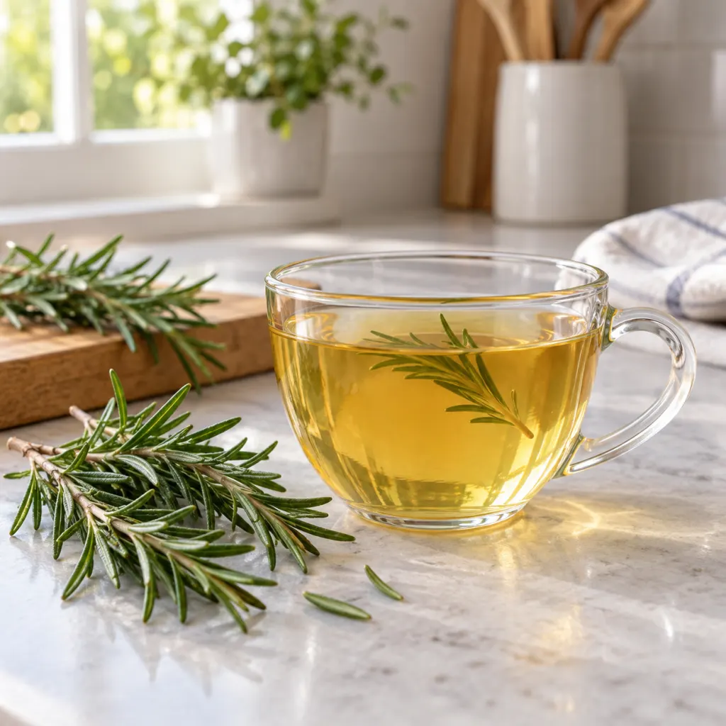 A cup of rosemary tea with fresh rosemary sprigs on a kitchen counter