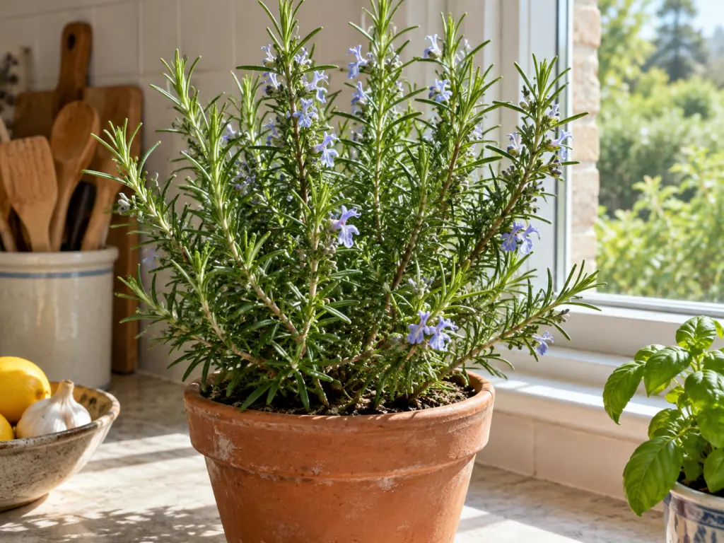 Rosemary leaves and small flowers growing in a terracotta pot near a kitchen window.