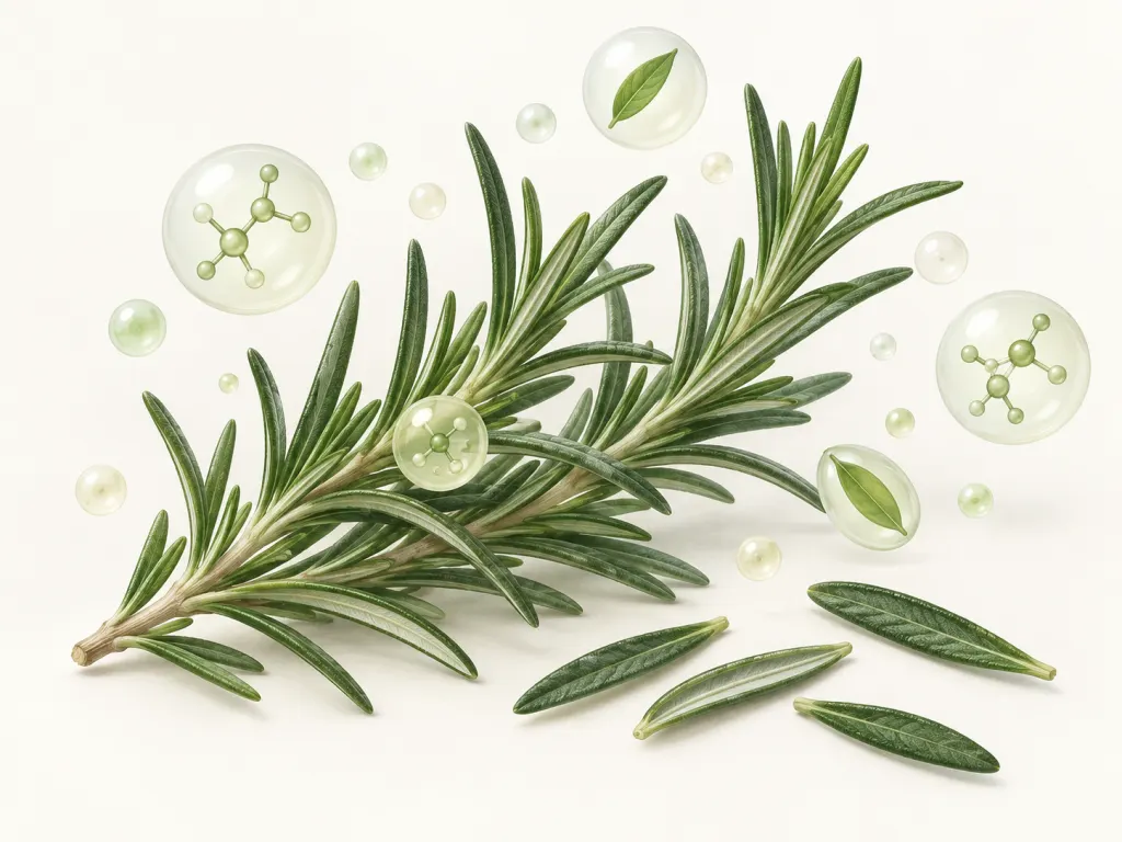 Educational illustration of rosemary leaves with subtle abstract circles representing plant compounds.