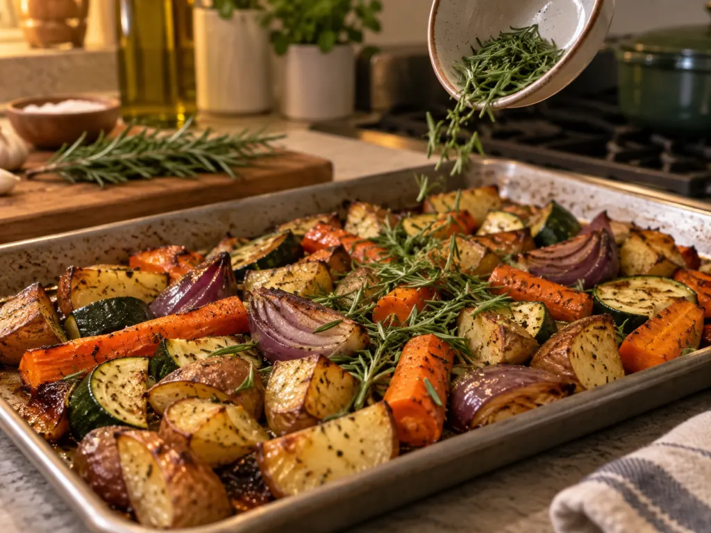 Rosemary being added to roasted vegetables on a kitchen sheet pan.