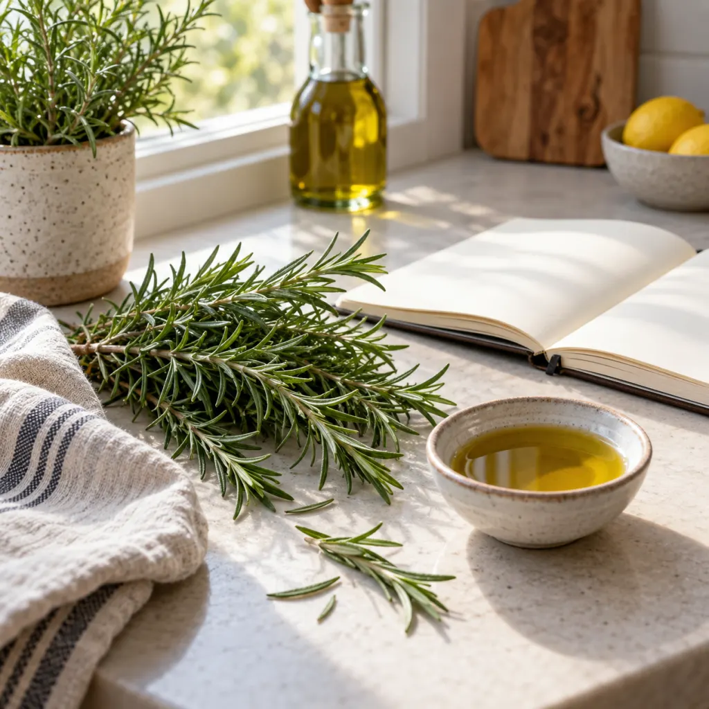 Fresh rosemary sprigs on a kitchen counter with olive oil and a blank notebook.
