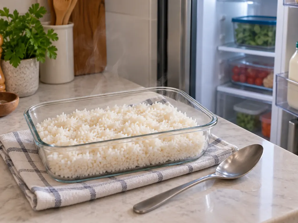 A shallow container of cooked rice cooling on a kitchen counter near a refrigerator.