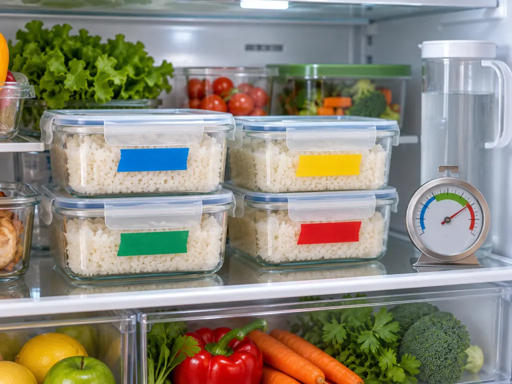 Covered containers of cooked rice stored neatly on a refrigerator shelf.