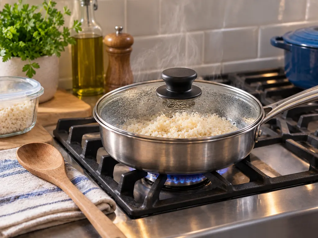 A small portion of leftover rice reheating in a covered pan on the stove.