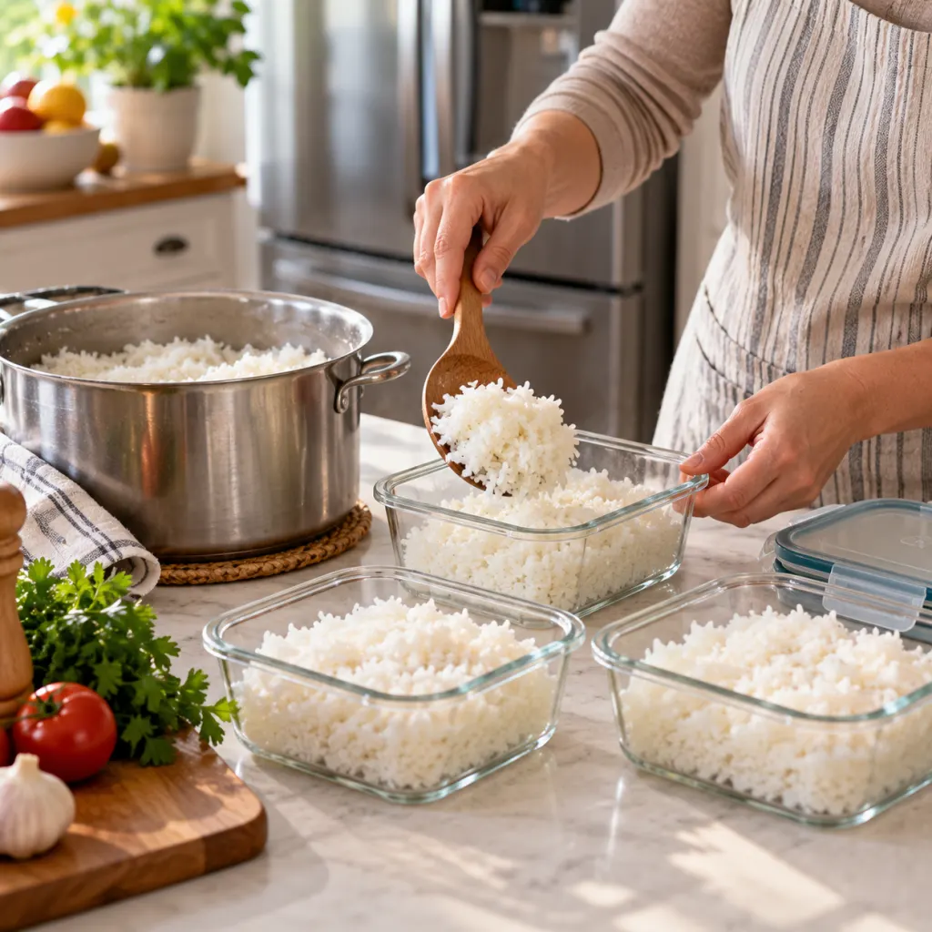Cooked rice being divided into shallow storage containers in a clean kitchen.