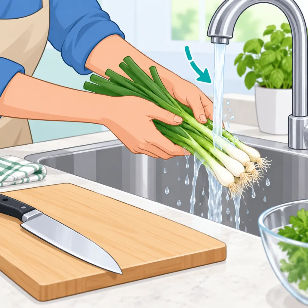 Person rinsing green onions under running water before preparing them raw.
