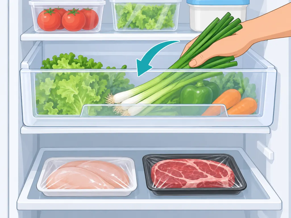 Green onions stored cold and separate from raw foods.