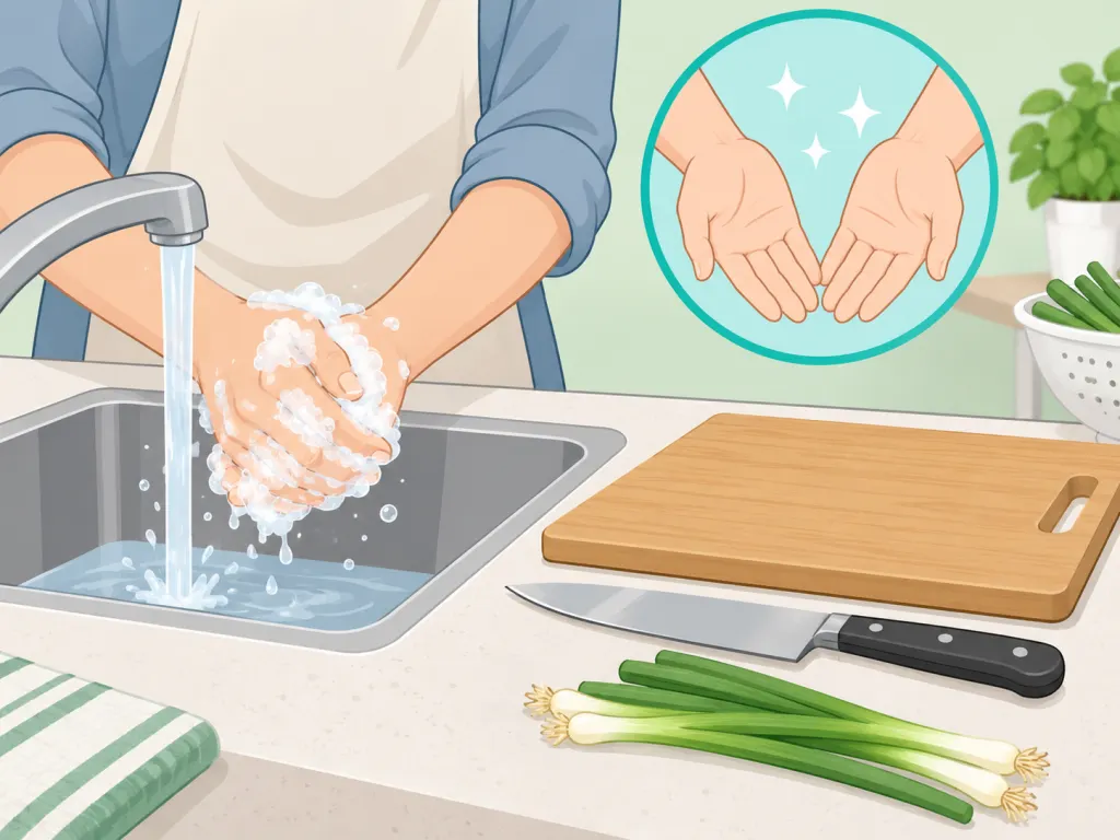 Hands being washed before preparing green onions.