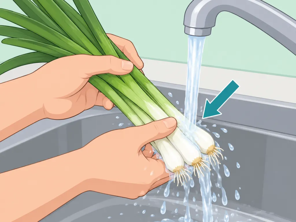 Green onions rinsed under running water.