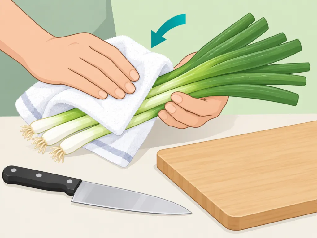 Green onions dried before slicing with clean tools.
