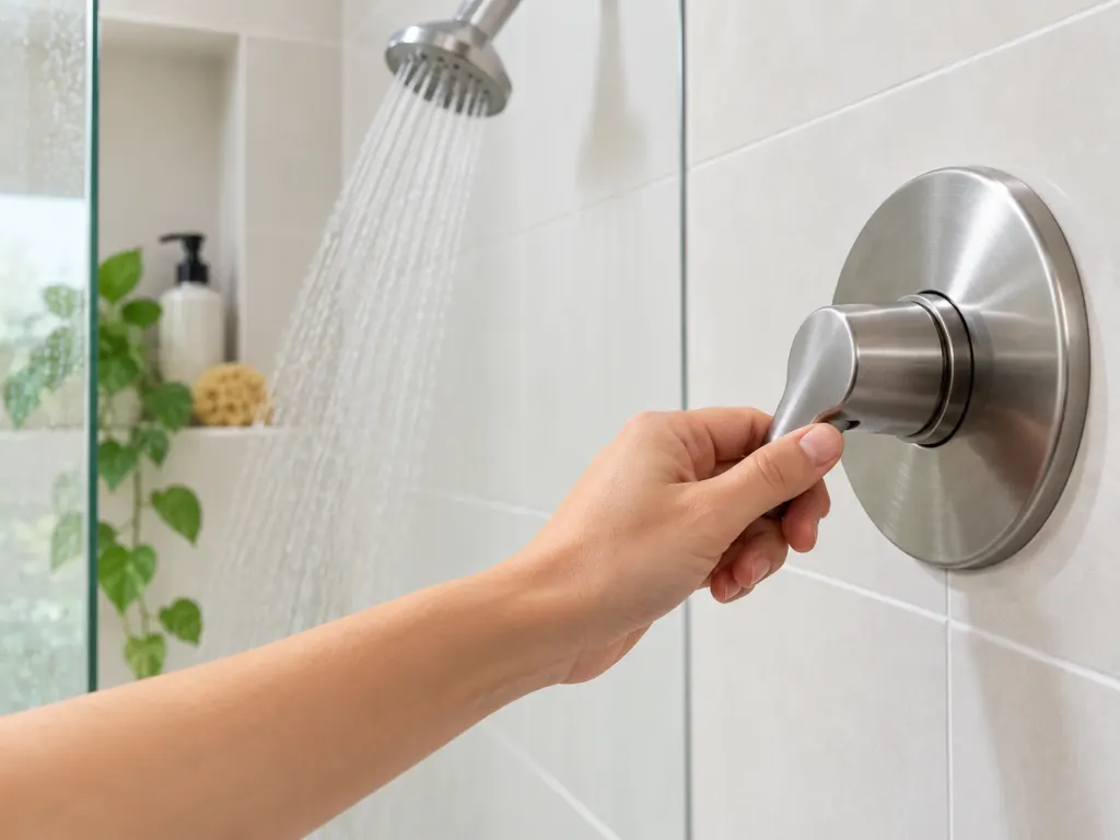 A hand adjusts a shower control in a bright bathroom with only light steam visible.
