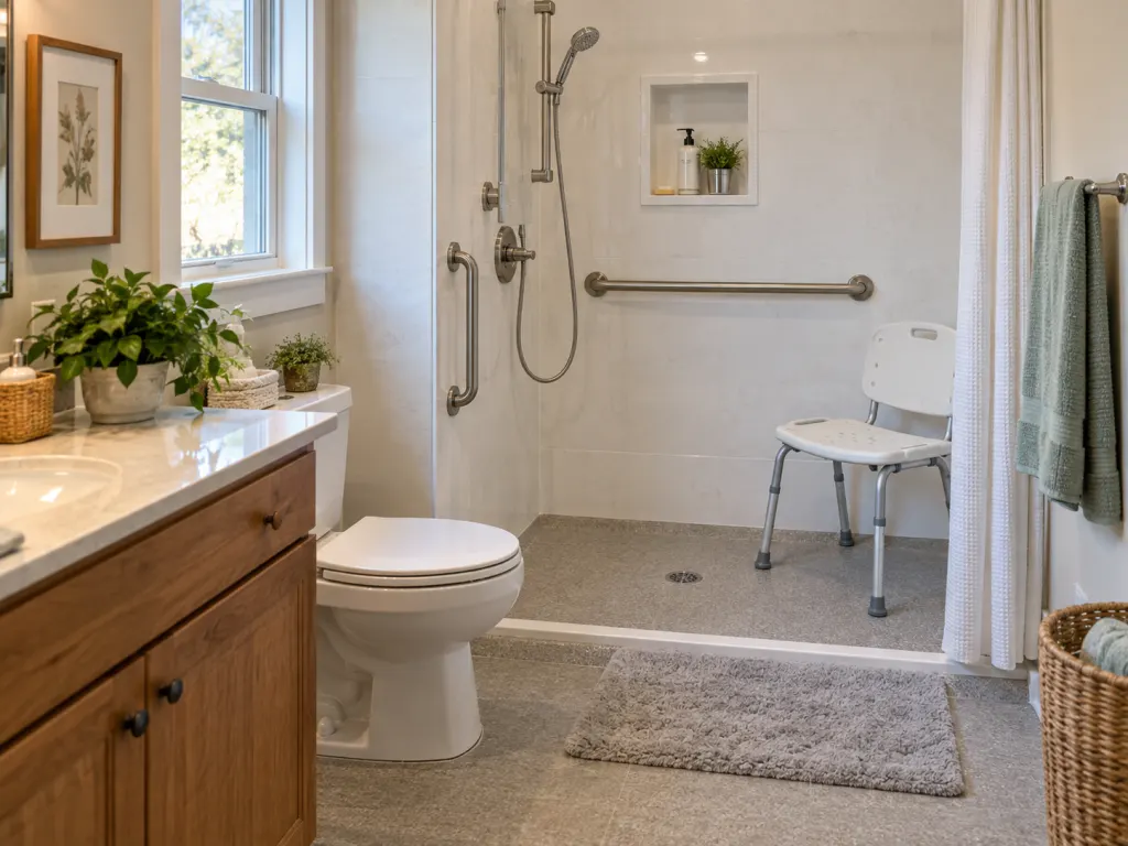 A shower area equipped with a grab bar, chair, handheld showerhead, and nonslip surface.