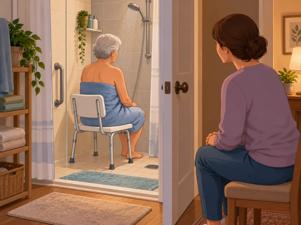 An older adult sits safely on a shower chair while a caregiver remains nearby outside the bathroom.
