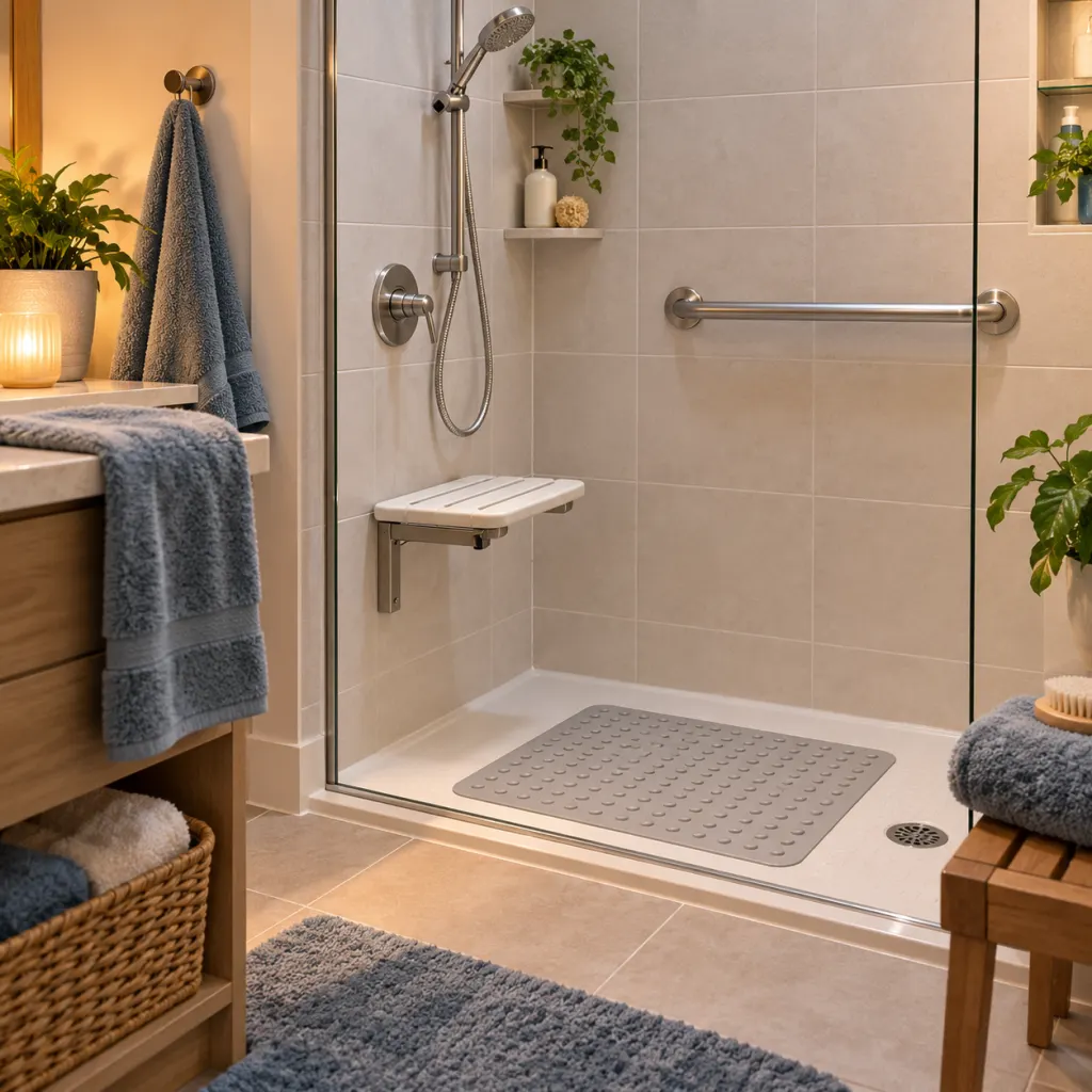 A safe, well-lit bathroom with a grab bar, nonslip mat, and towel ready for an evening shower.