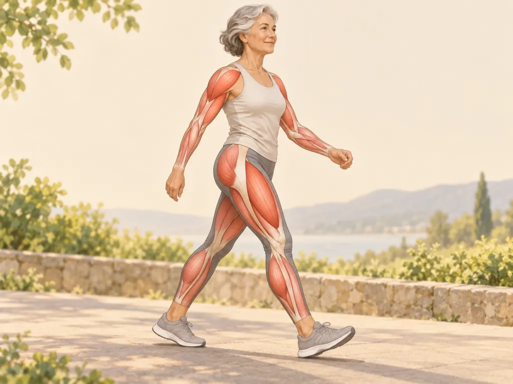 Educational illustration of an older adult walking with simplified muscle overlays.