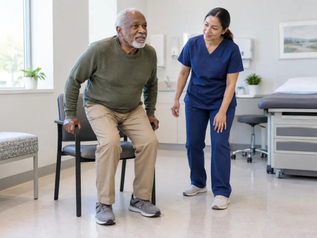 Health professional observing an older adult during a chair-rise strength check.