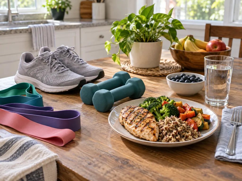 Home table with resistance bands, light weights, water, and a balanced meal.
