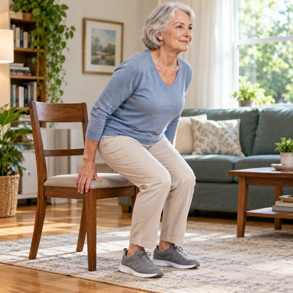 Older adult practicing a controlled sit-to-stand exercise beside a sturdy chair.