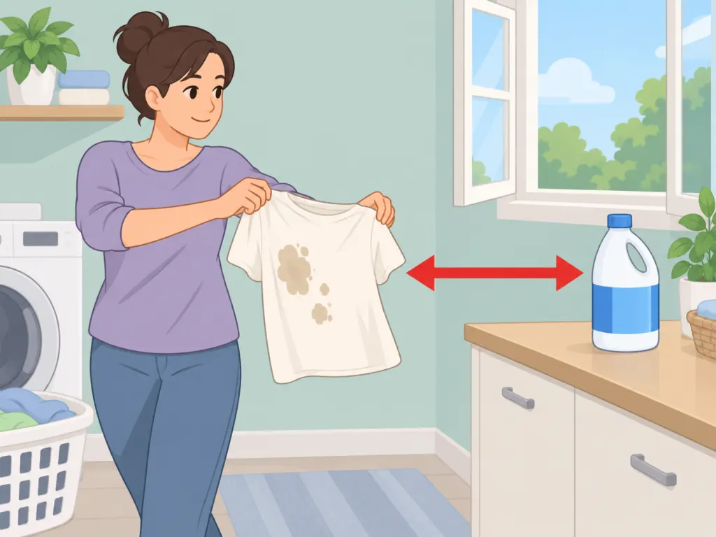 Person moving bleach-damaged clothing away from a bleach bottle in a ventilated area.