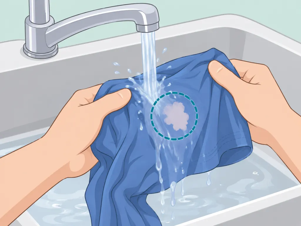 Hands rinsing a bleach spot on clothing under running water.