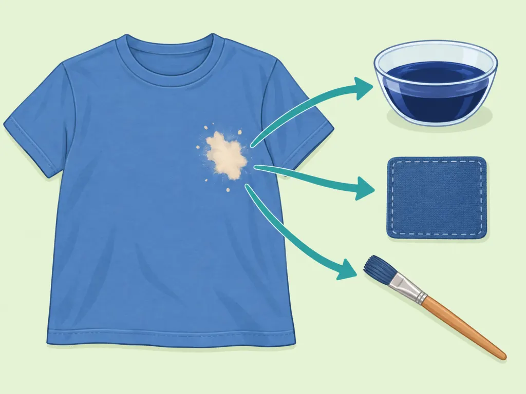 Bleach-damaged clothing shown with dye, patch, and paint repair options.