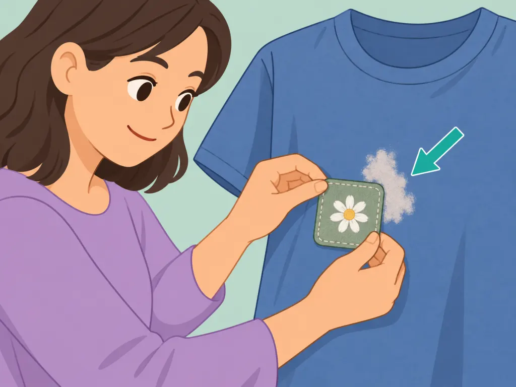 Person applying a patch to cover bleach damage on clothing.