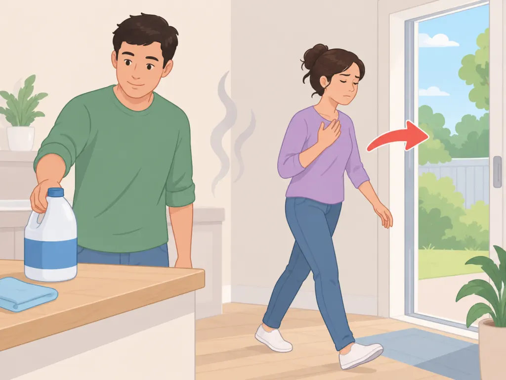 Person moving to fresh air after a concerning bleach exposure.