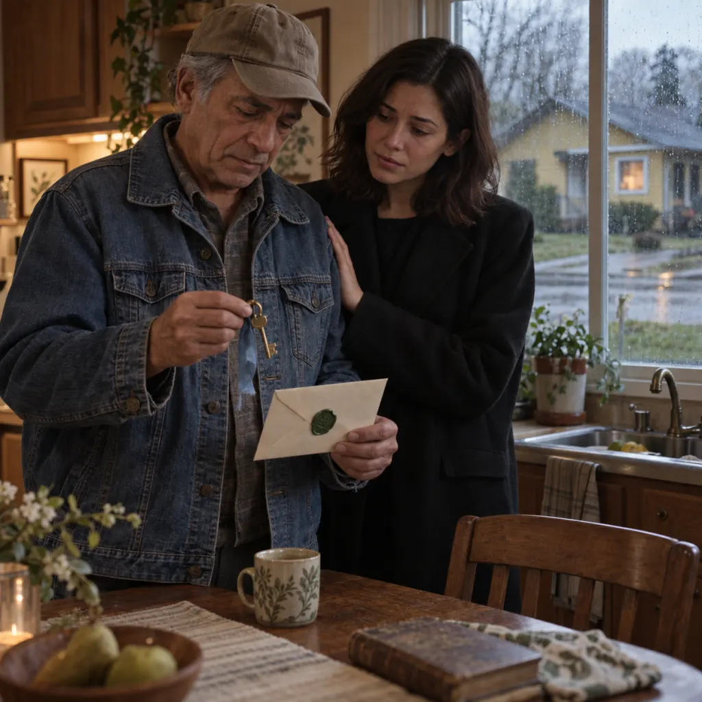 Daniel holds a brass key and sealed envelope after his neighbor's funeral.