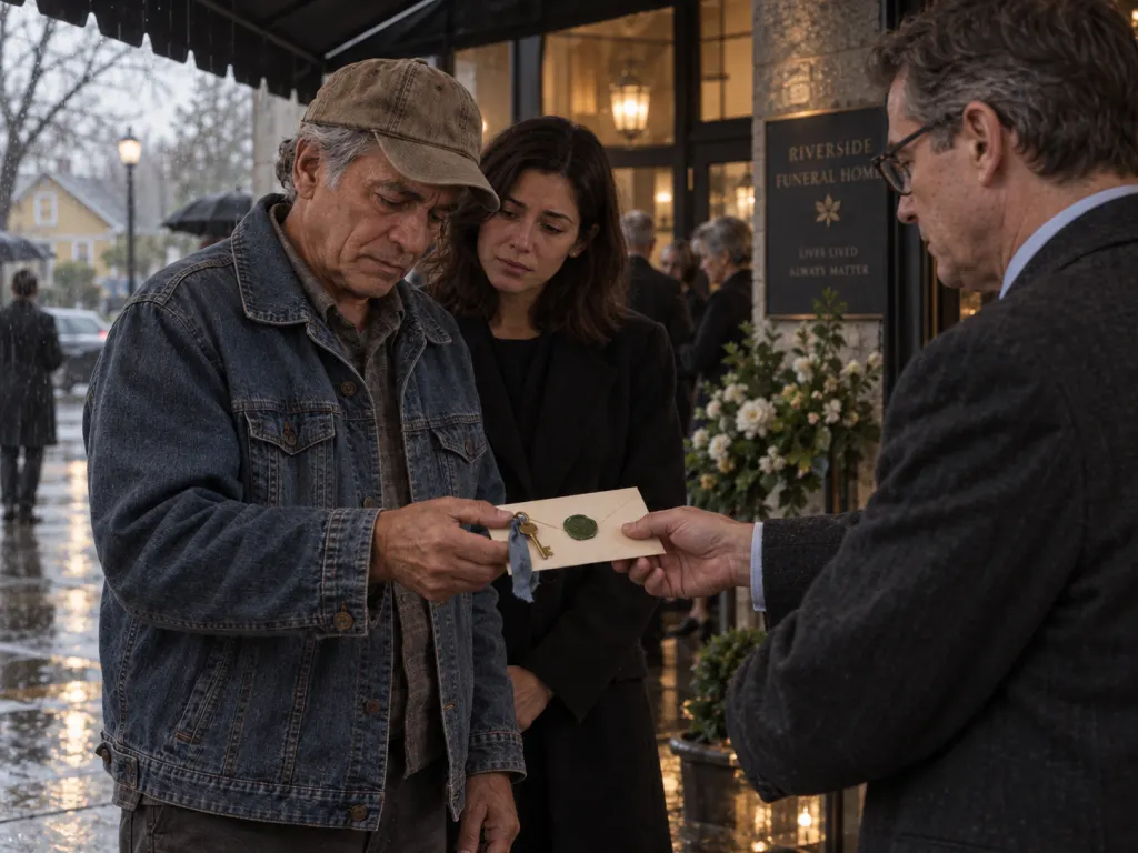 An attorney gives Daniel a sealed envelope under a funeral home awning.
